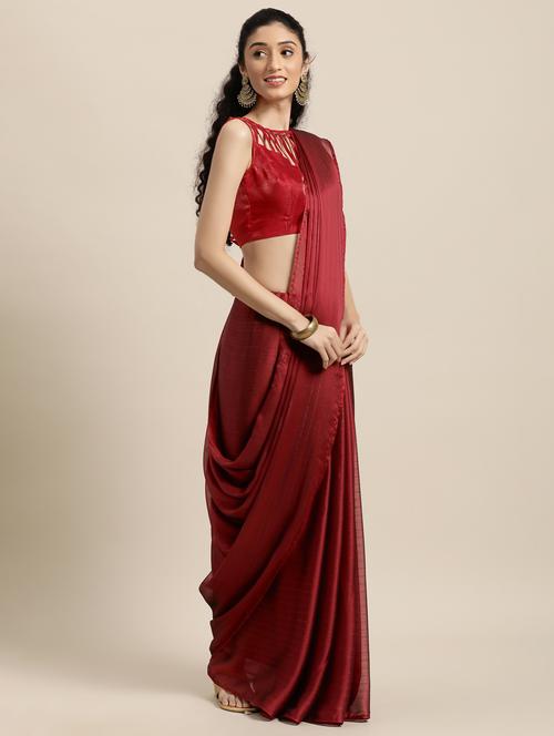 fringe detailed striped saree with blouse - 18038789 - Standard Image - 1