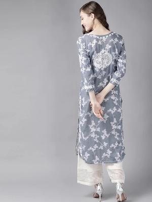 ada hand-embroidered grey chikankari straight kurta - 18039630 - Standard Image - 3