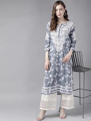 ada hand-embroidered grey chikankari straight kurta - 18039630 - Standard Image - 4