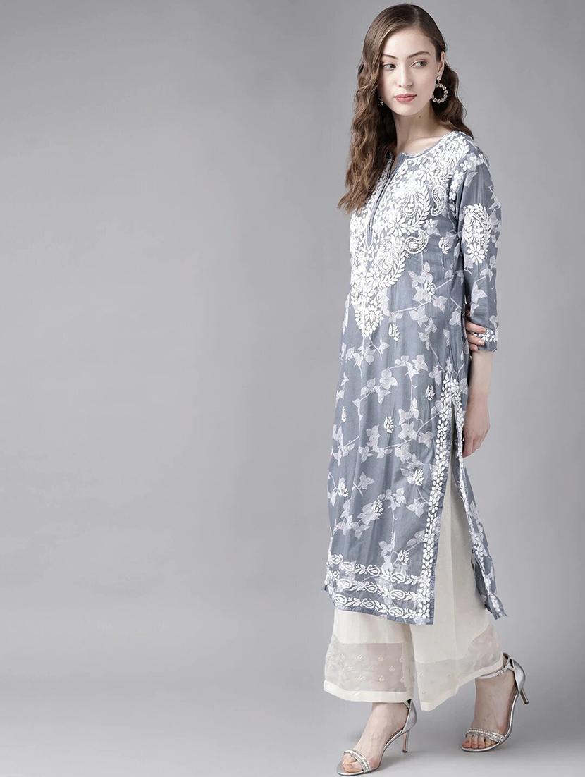 ada hand-embroidered grey chikankari straight kurta - 18039630 - Zoom Image - 2