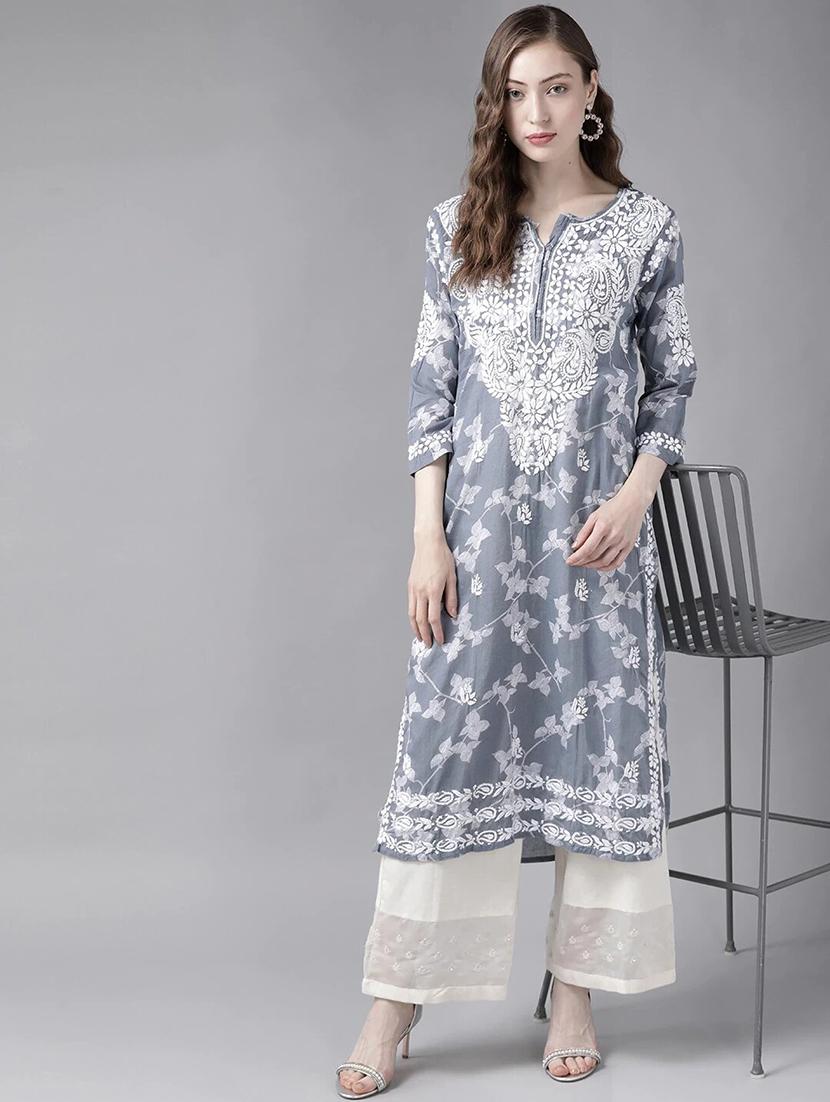 ada hand-embroidered grey chikankari straight kurta - 18039630 - Zoom Image - 4