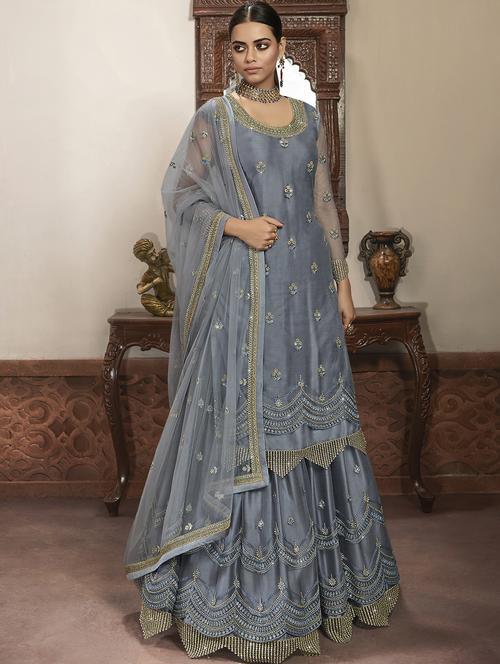 grey net sharara suits semistitched suit - 18041215 - Standard Image - 1