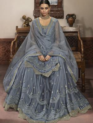 grey net sharara suits semistitched suit - 18041215 - Standard Image - 3
