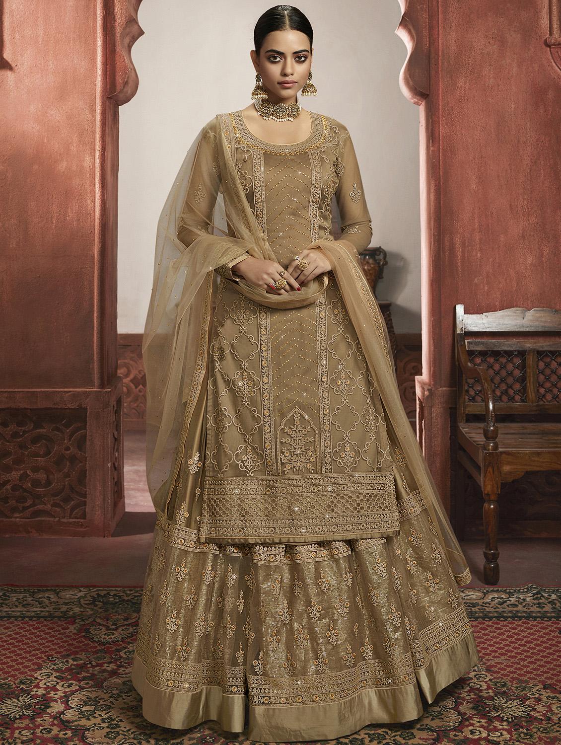 beige net sharara suits semistitched suit - 18041217 - Zoom Image - 1