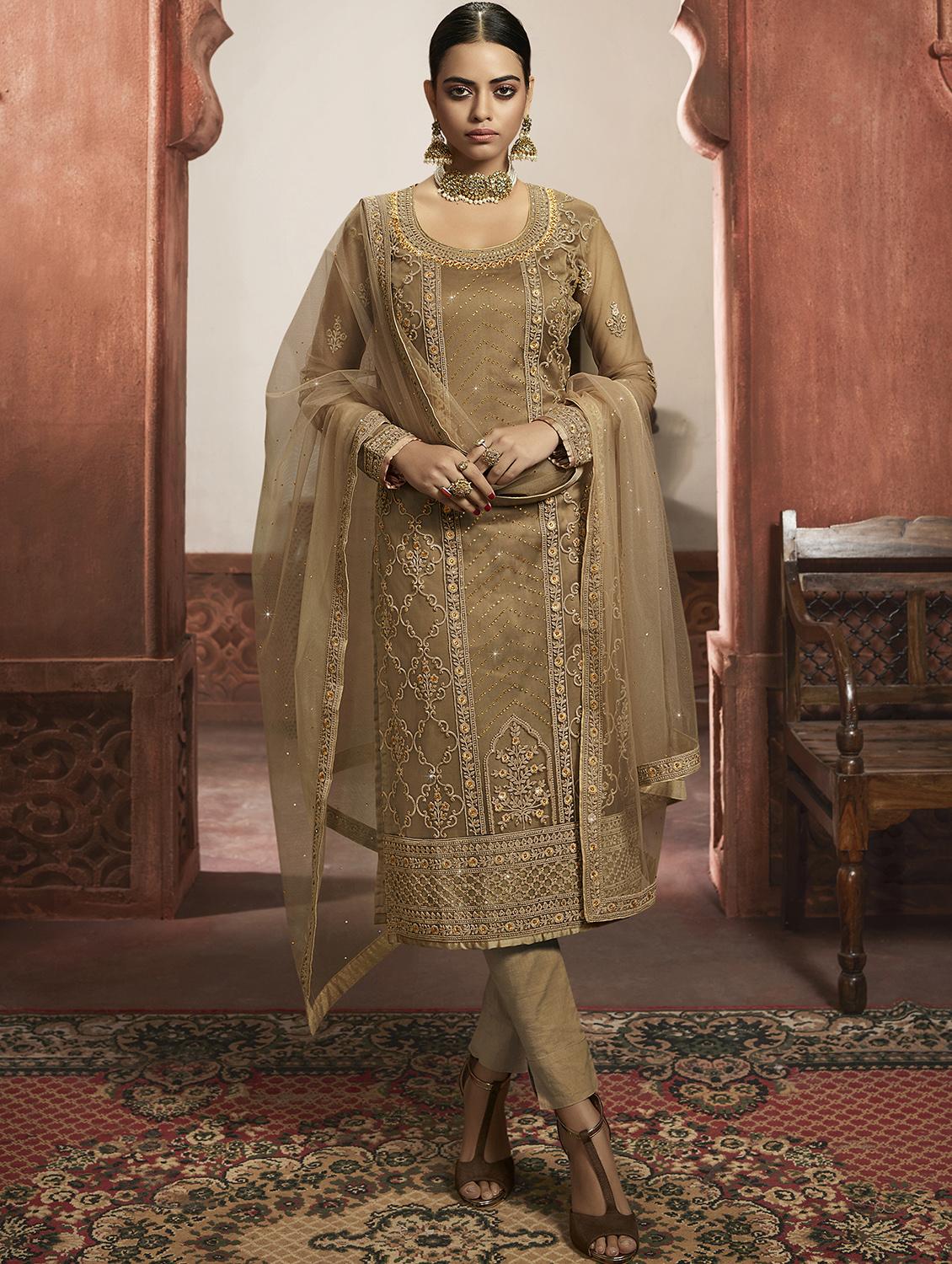 beige net sharara suits semistitched suit - 18041217 - Zoom Image - 2