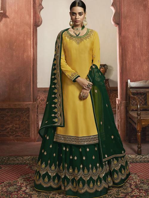 yellow satin sharara suits semistitched suit - 18041220 - Standard Image - 1