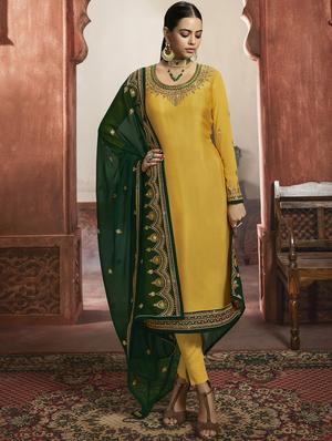 yellow satin sharara suits semistitched suit - 18041220 - Standard Image - 2