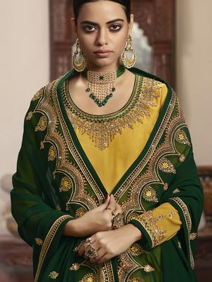 yellow satin sharara suits semistitched suit - 18041220 - Standard Image - 4