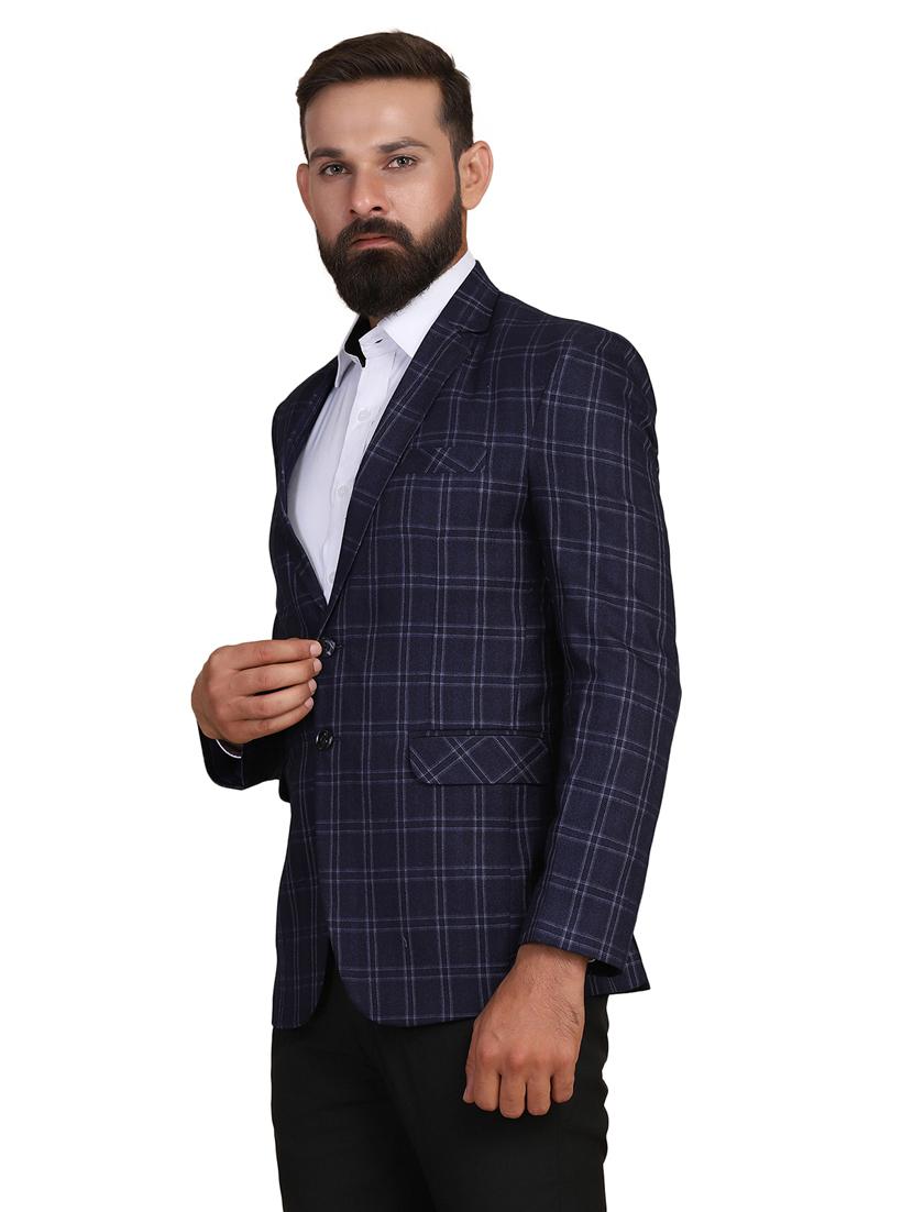 navy blue checkered single breasted formal blazer - 18042885 - Zoom Image - 2