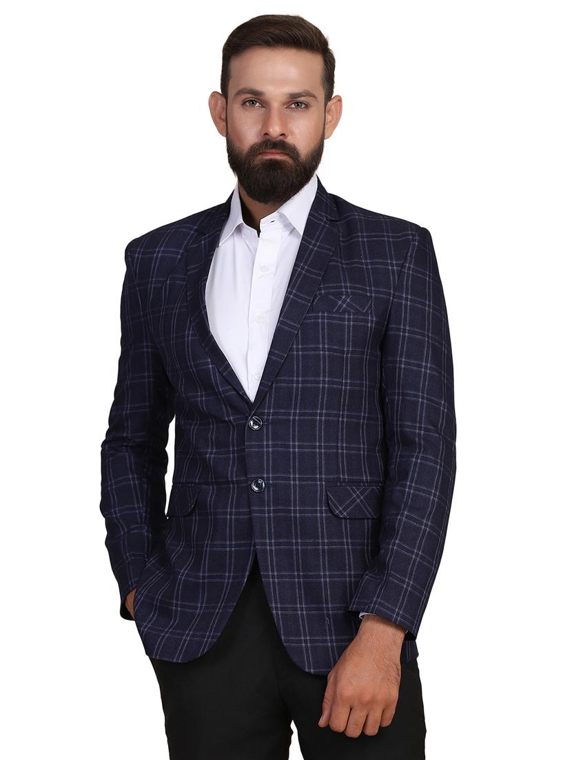 navy blue checkered single breasted formal blazer - 18042901 - Zoom Image - 1