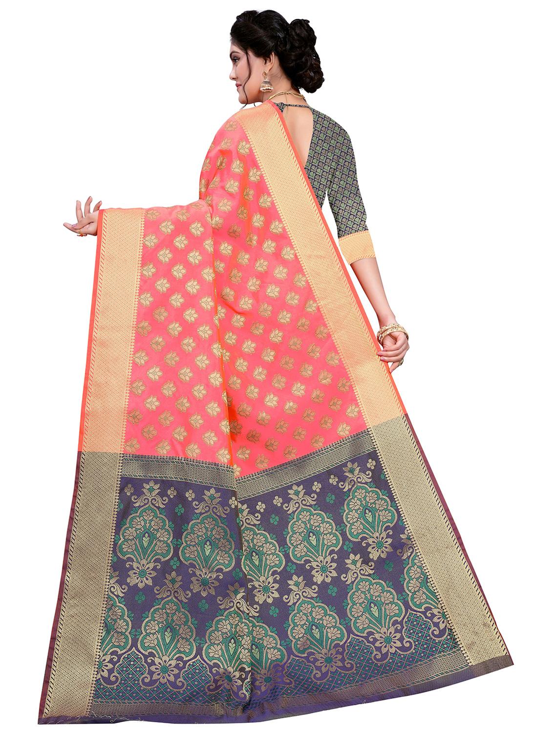 peach silk handloom saree with blouse - 18043752 - Zoom Image - 2