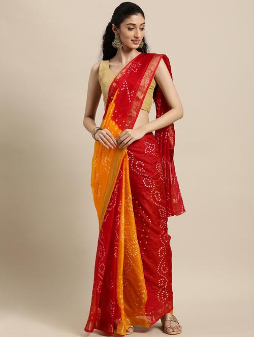 women's bandhani red colored saree with blouse - 18044126 -  Standard Image - 0