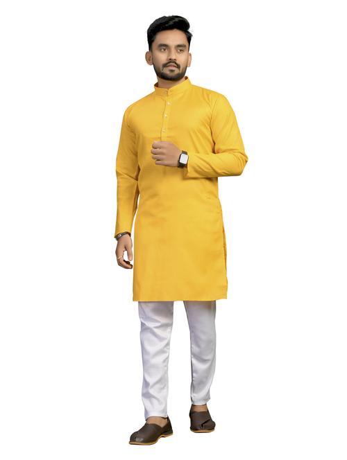 yellow solid silk blend kurta pyjama set  - 18044408 -  Standard Image - 0