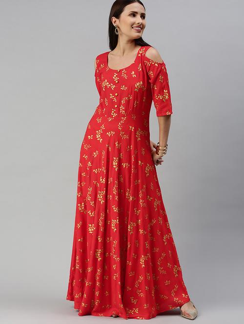 cold shoulder printed fit & flare dress - 18044468 - Standard Image - 1