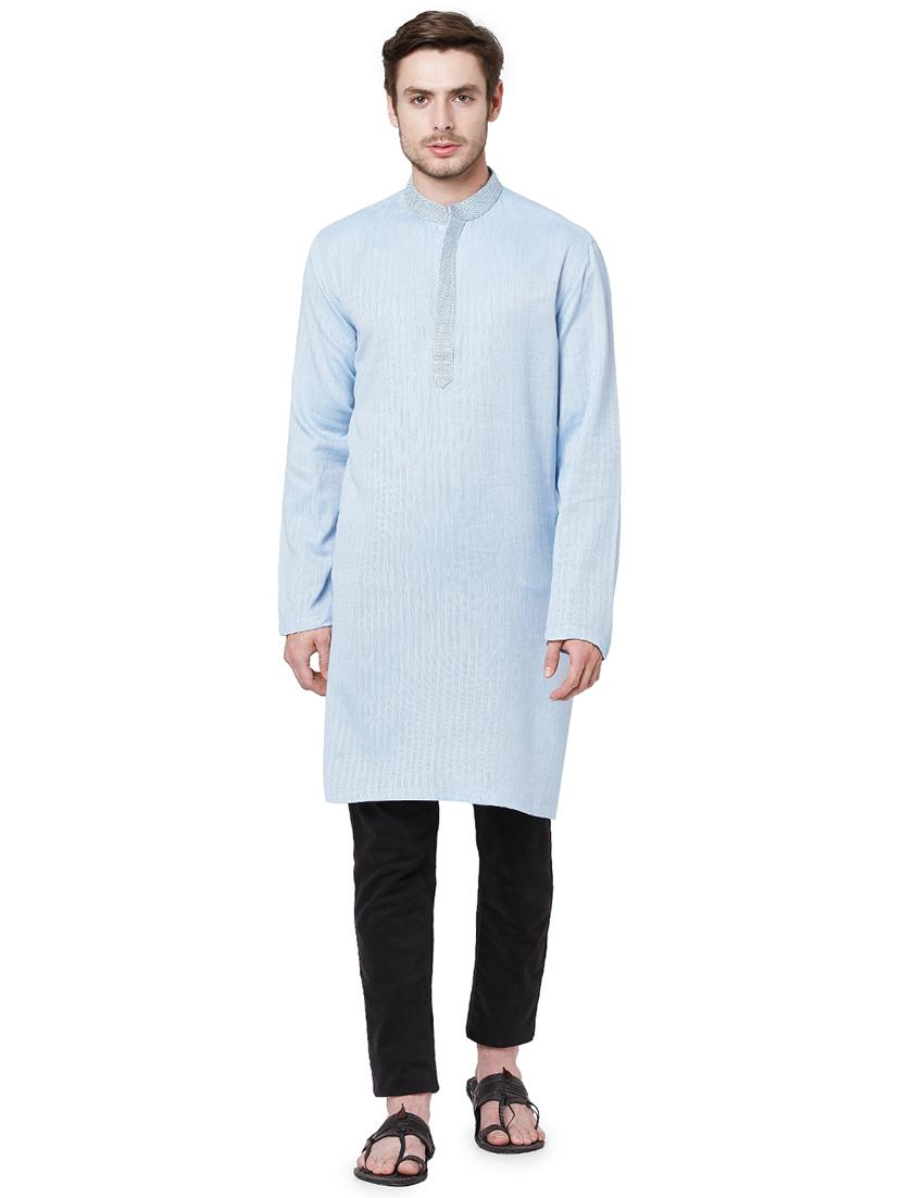 blue silk men's ethnic kurta - 18046470 - Zoom Image - 1