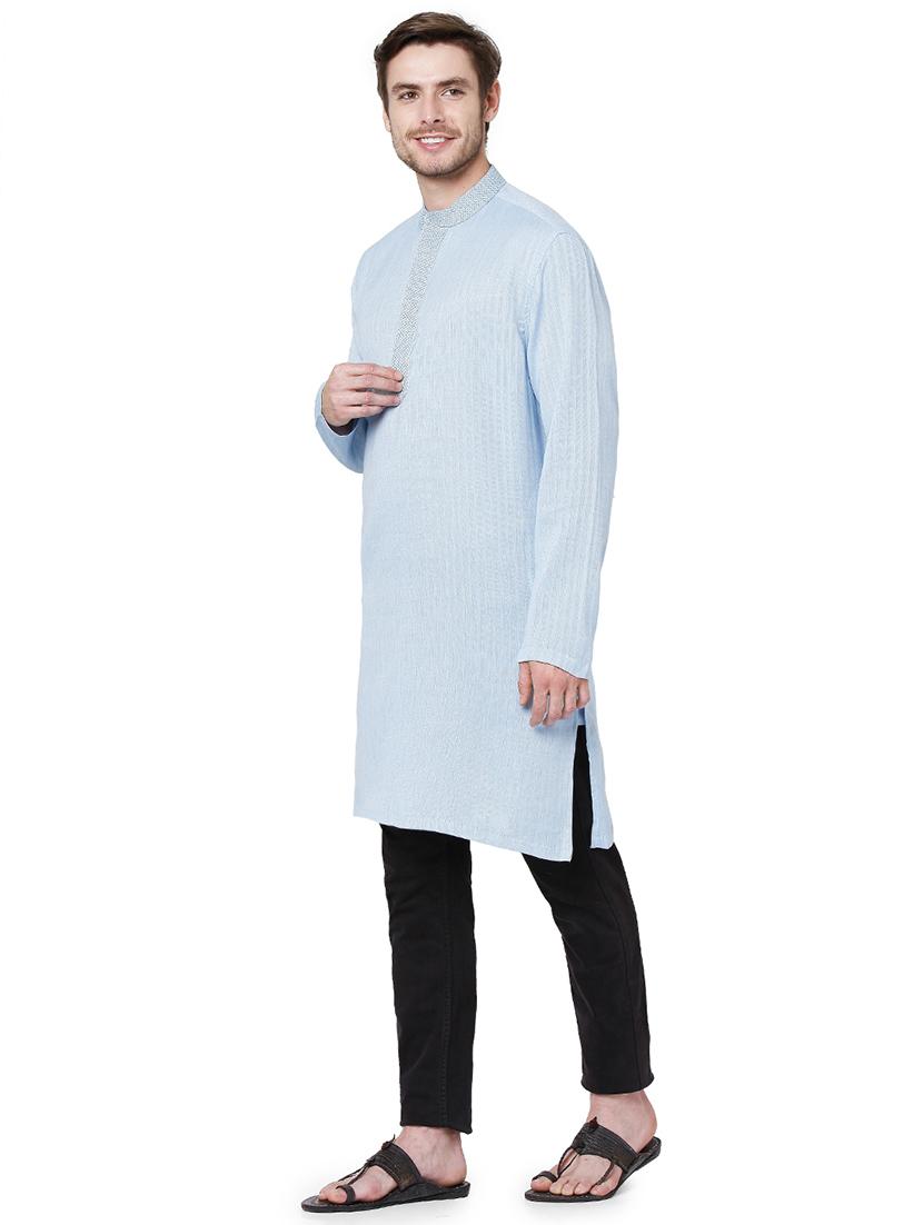 blue silk men's ethnic kurta - 18046470 - Zoom Image - 2