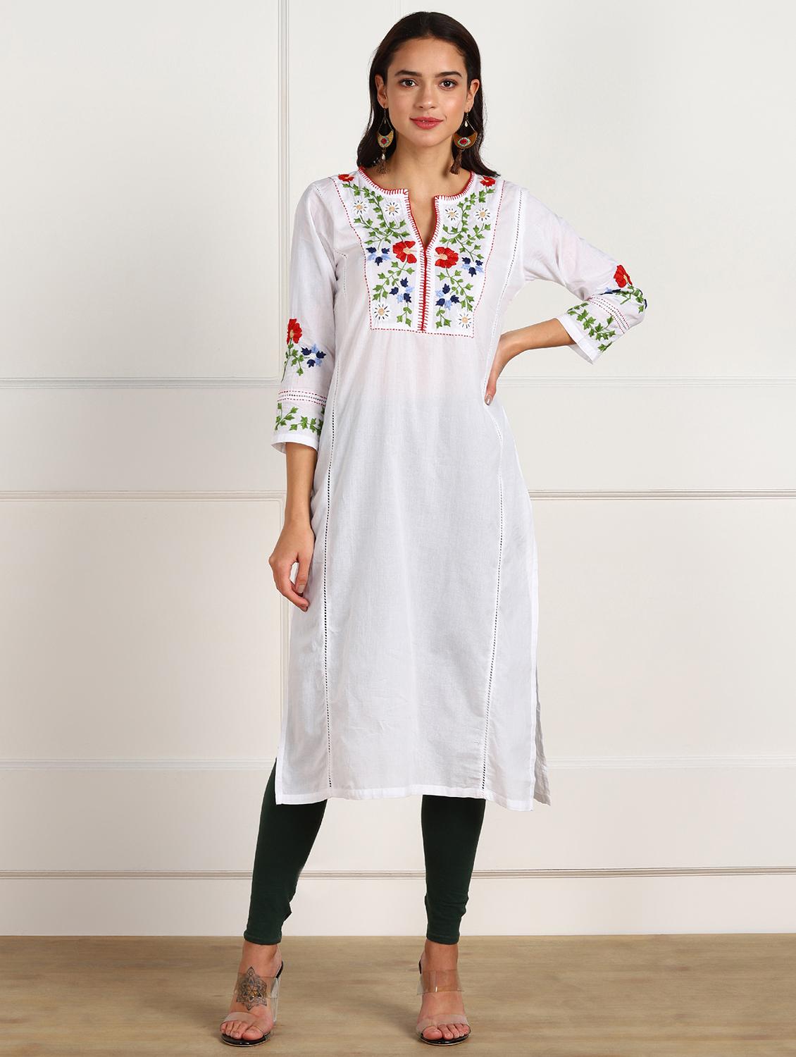 white cotton aline kurta - 18047493 - Zoom Image - 1