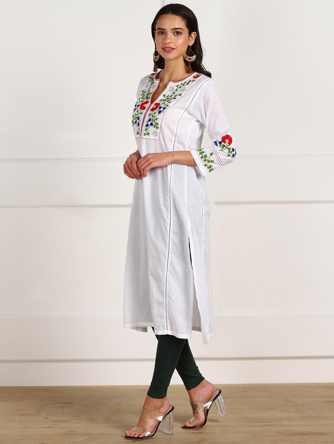 white cotton aline kurta - 18047493 - Zoom Image - 2
