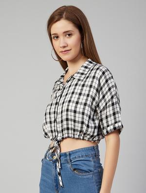 white checked knotted crop shirt - 18052470 - Standard Image - 2