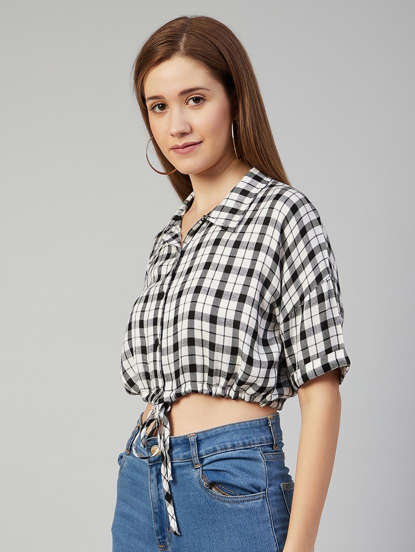 white checked knotted crop shirt - 18052470 - Zoom Image - 2