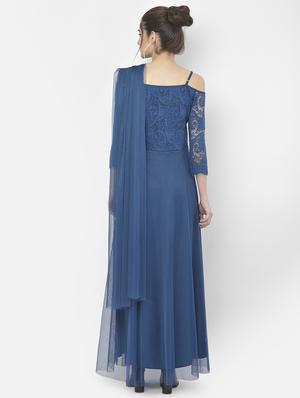 teal blue self design lace gown dress - 18056449 - Standard Image - 3