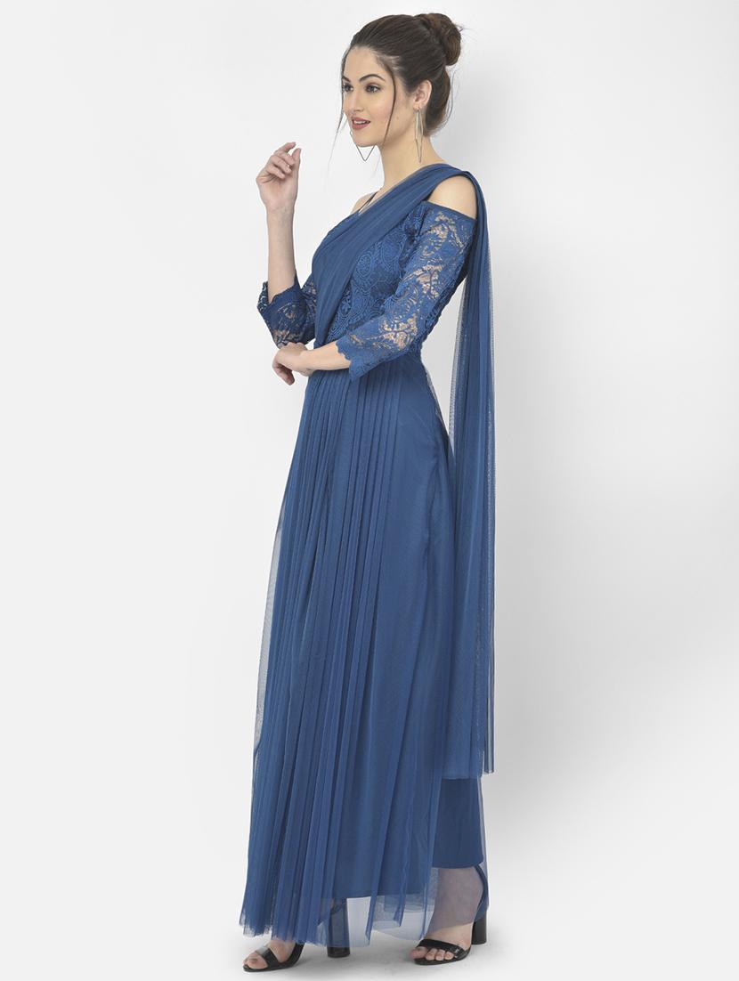 teal blue self design lace gown dress - 18056449 - Zoom Image - 2