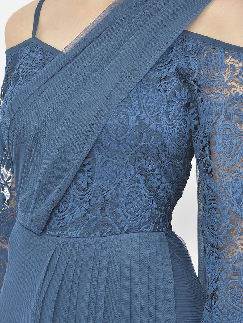 teal blue self design lace gown dress - 18056449 - Zoom Image - 4