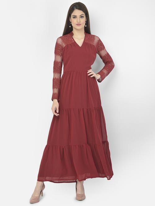 mandarin neck self design maxi dress - 18056456 - Standard Image - 1