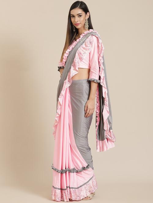 solid ruffled draped saree with blouse - 18061728 - Very Small Image - 1