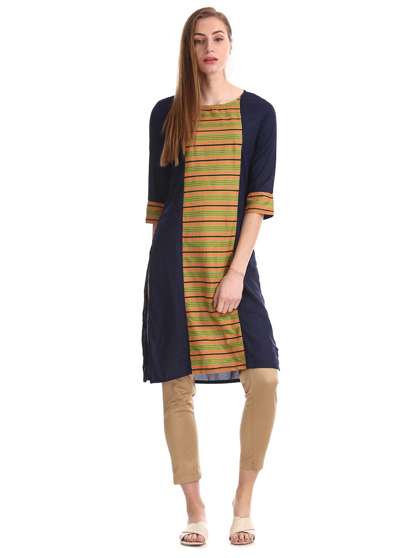 blue rayon straight kurta - 18065170 - Zoom Image - 2