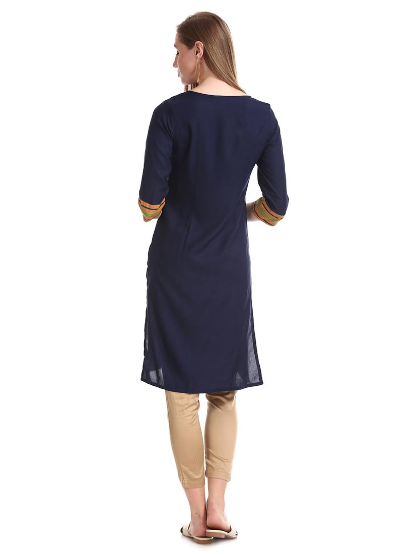 blue rayon straight kurta - 18065170 - Zoom Image - 4
