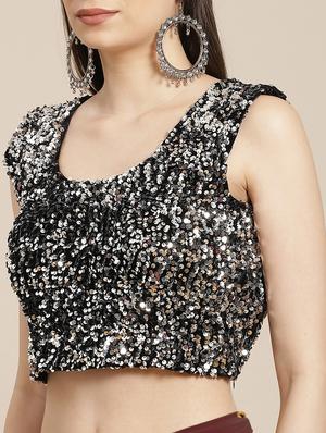 solid sequined draped saree with blouse - 18067322 - Standard Image - 3