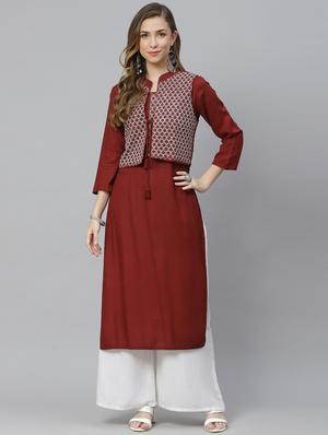 maroon rayon with jacket kurta - 18067440 - Standard Image - 2