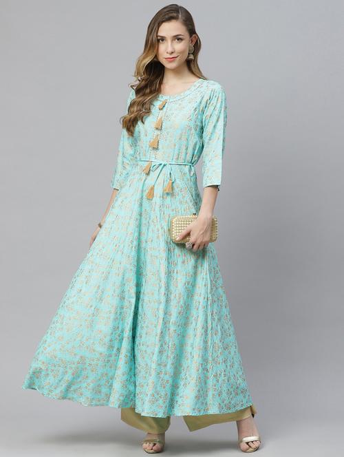 gold print flared kurta - 18067444 - Standard Image - 1