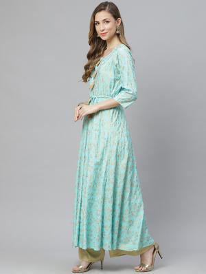 gold print flared kurta - 18067444 - Standard Image - 3