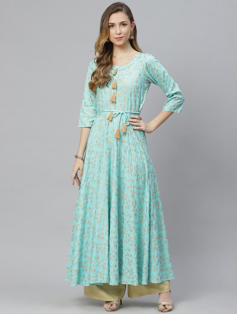 gold print flared kurta - 18067444 - Zoom Image - 2