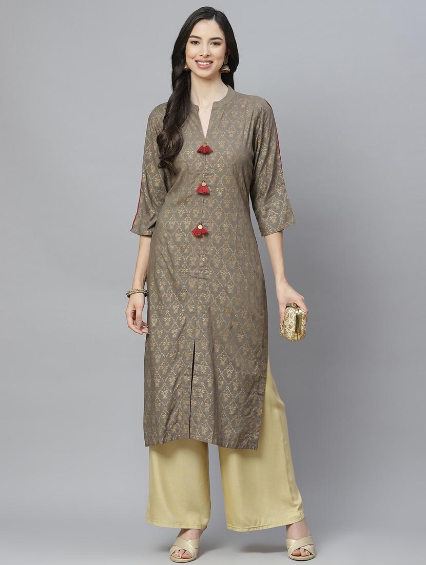 olive rayon straight kurta - 18067462 - Zoom Image - 1