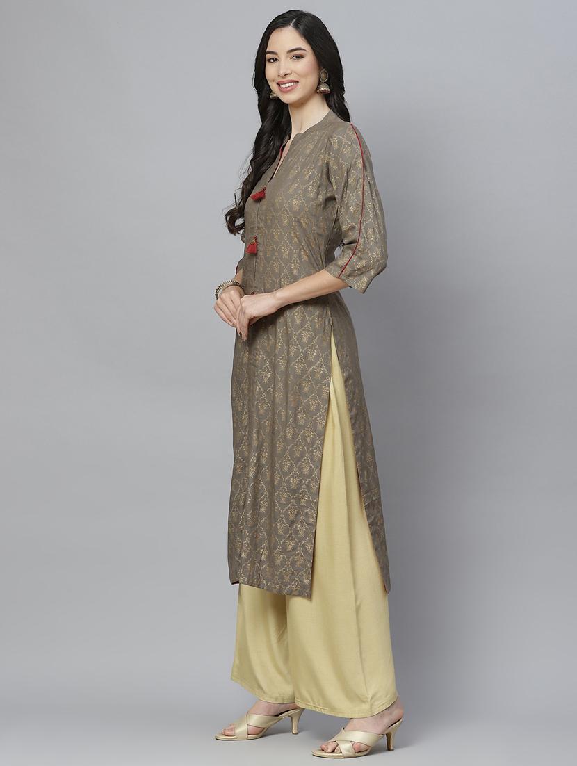 olive rayon straight kurta - 18067462 - Zoom Image - 3