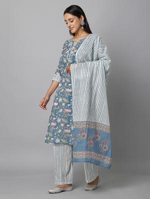 blue cotton kurta palazzo set - 18069076 - Standard Image - 3