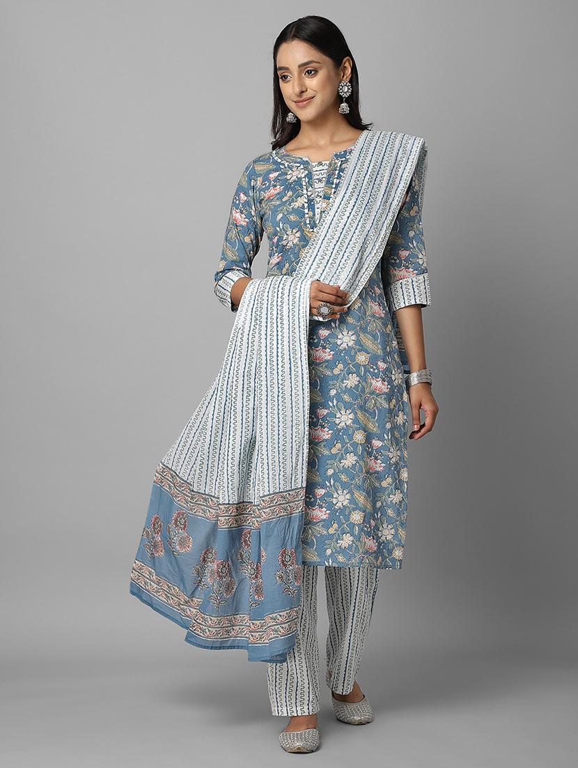 blue cotton kurta palazzo set - 18069076 - Zoom Image - 1
