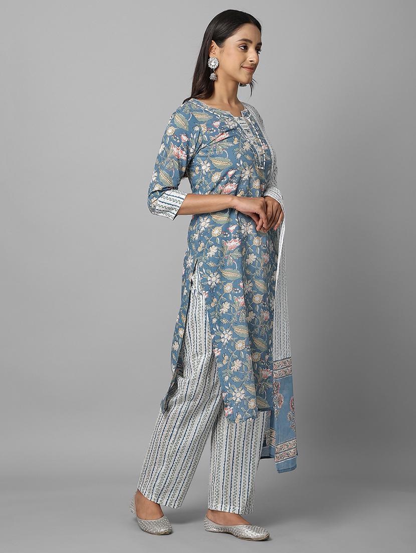 blue cotton kurta palazzo set - 18069076 - Zoom Image - 2