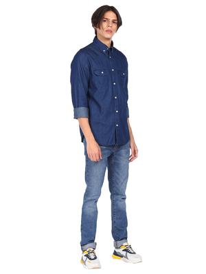 dark blue denim casual shirt - 18074858 - Standard Image - 4