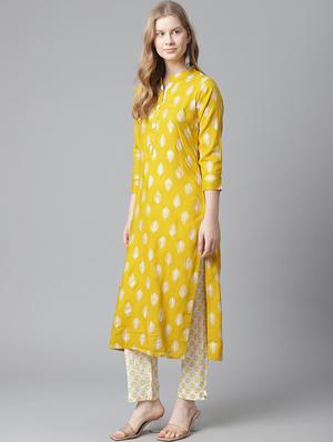 yellow rayon kurta pant set - 18080019 - Standard Image - 2