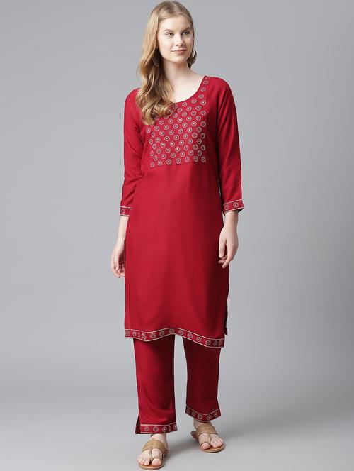 burgundy rayon kurta pant set - 18080066 - Standard Image - 1