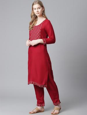 burgundy rayon kurta pant set - 18080066 - Standard Image - 2