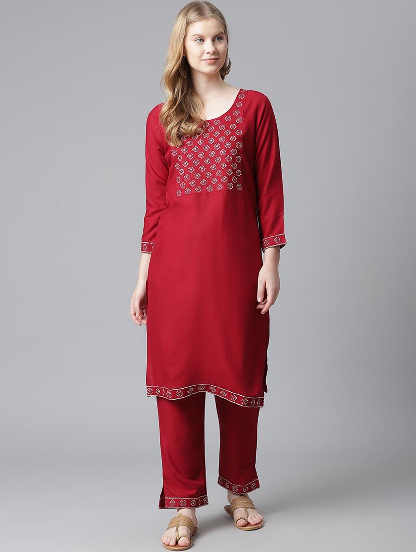 burgundy rayon kurta pant set - 18080066 - Zoom Image - 1