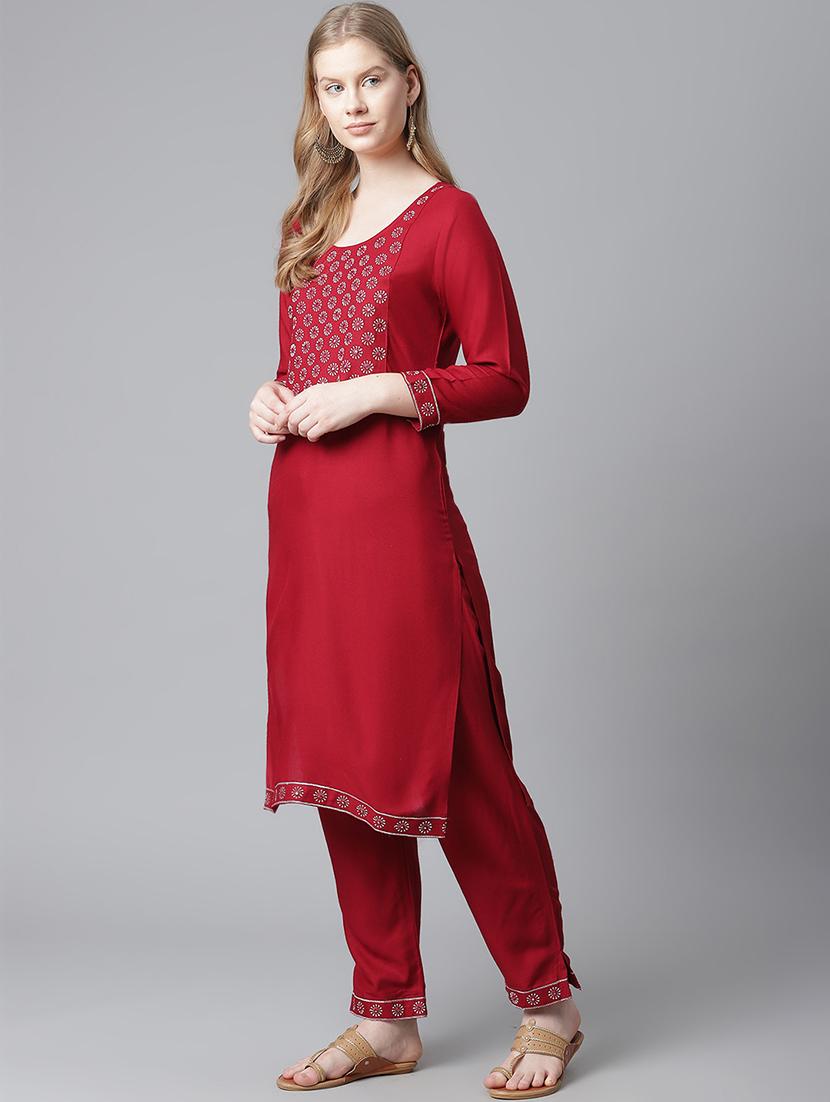 burgundy rayon kurta pant set - 18080066 - Zoom Image - 2
