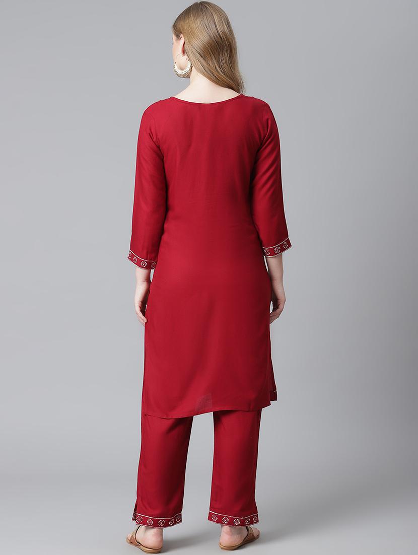 burgundy rayon kurta pant set - 18080066 - Zoom Image - 3