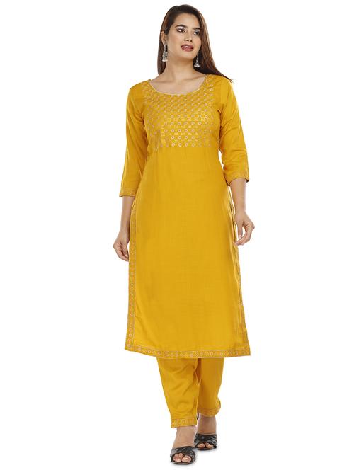 gold rayon kurta pant set - 18080073 - Standard Image - 1