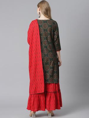 green rayon kurta sharara set - 18080087 - Standard Image - 3